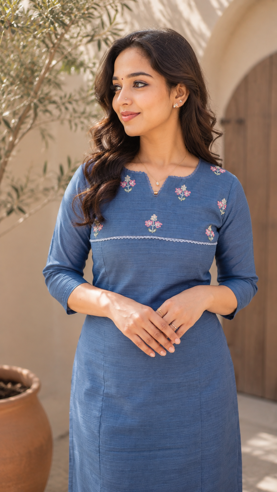 Cool blue shaded semi linen kurti with panel cut and handworked yoke MBS-1345 **Ready to dispatch**