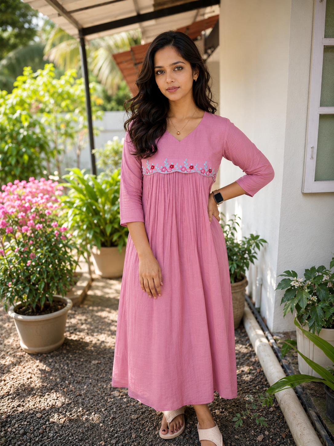 Dusty onion pink shaded mul cotton Aline kurti with scallopped and handworked yoke MBS-1401 **Ready to dispatch**