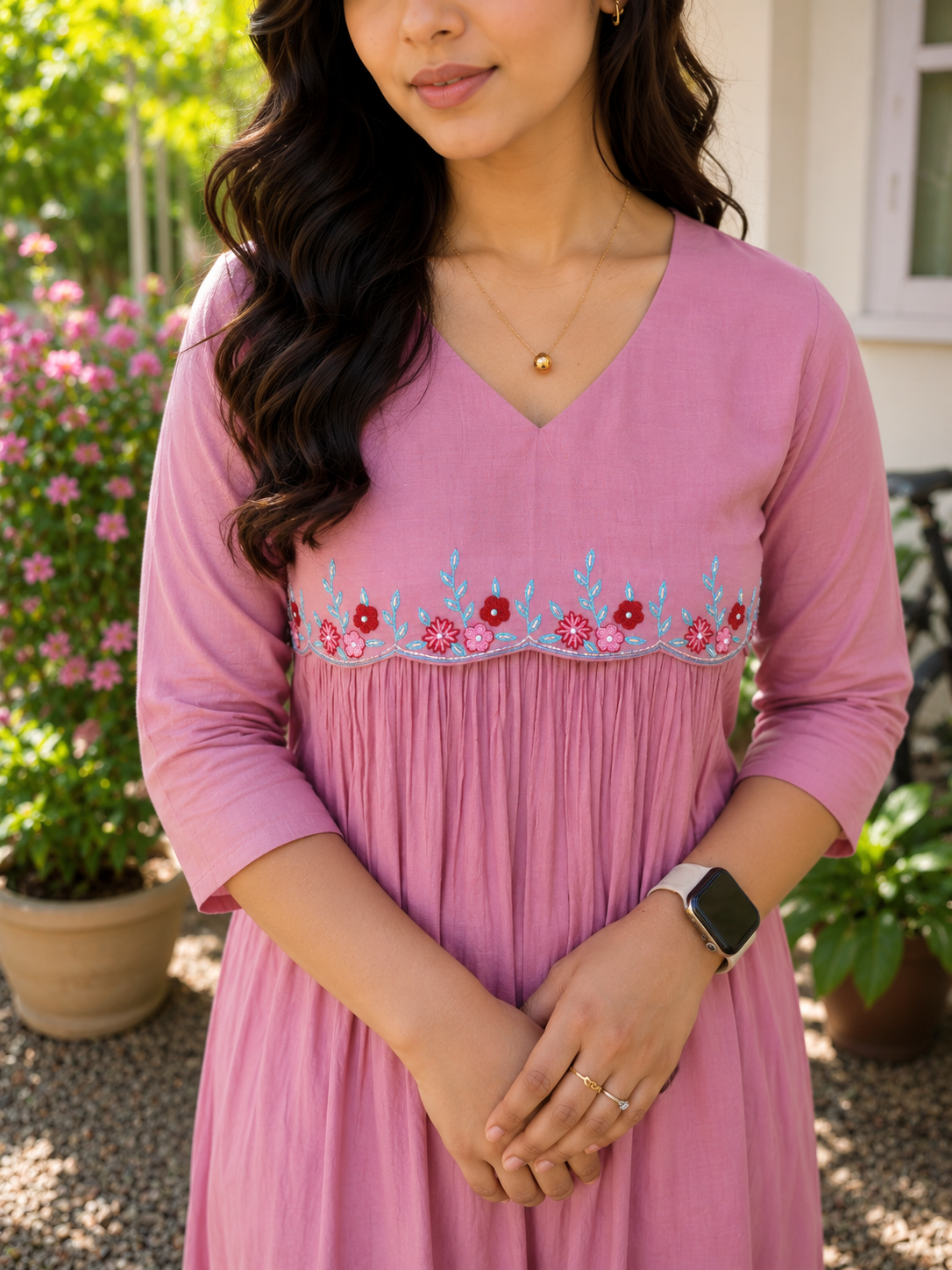 Dusty onion pink shaded mul cotton Aline kurti with scallopped and handworked yoke MBS-1401 **Ready to dispatch**