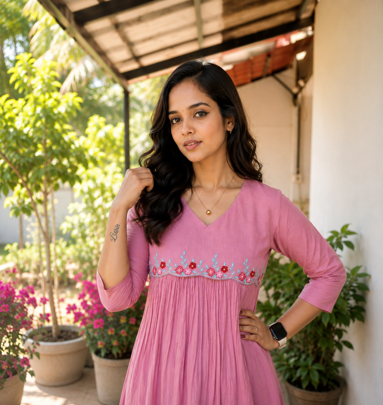 Dusty onion pink shaded mul cotton Aline kurti with scallopped and handworked yoke MBS-1401 **Ready to dispatch**