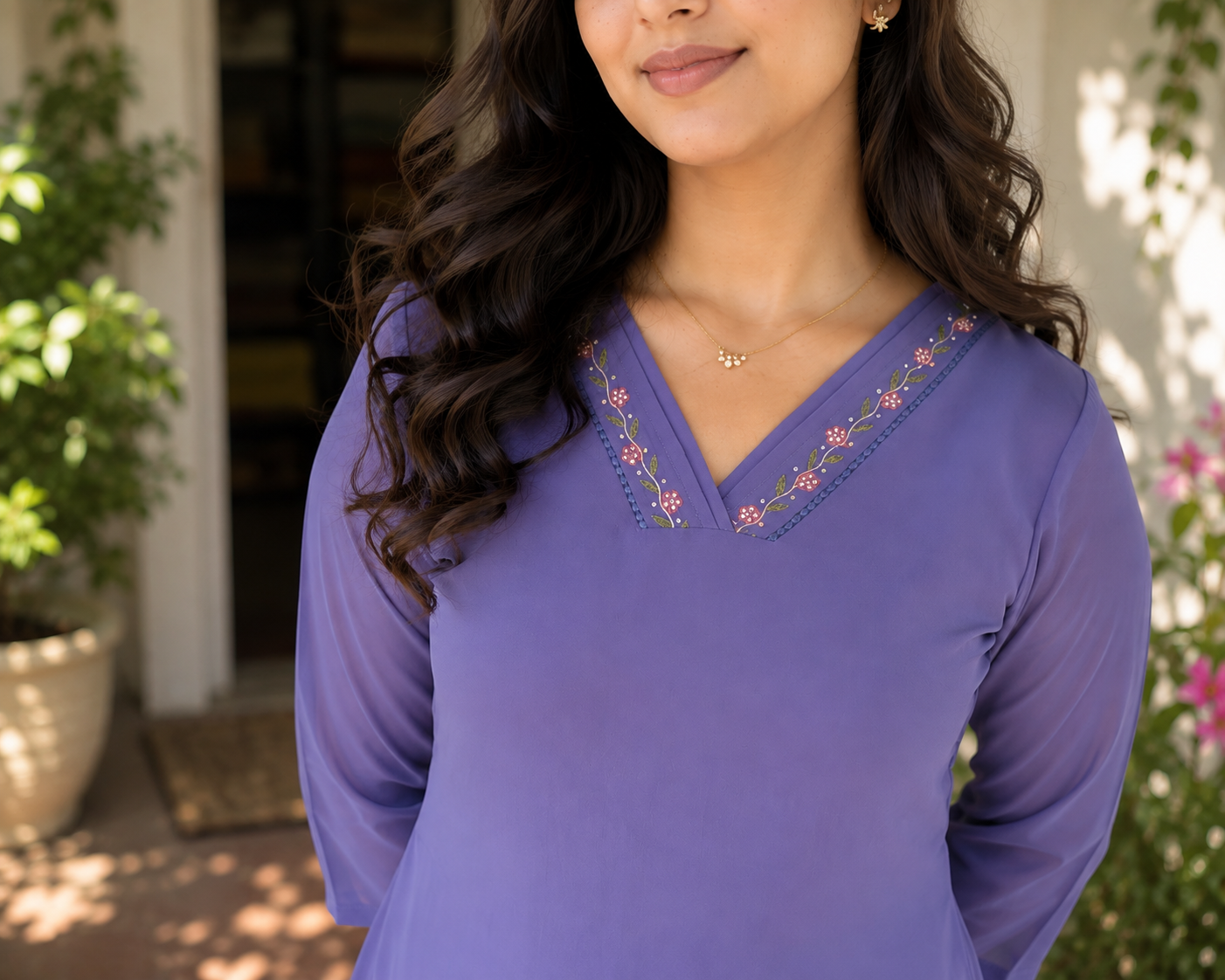 Dutch blue shaded georgette Aline kurti with hand worked neckline and lace detailings MBS-1369 **Ready to dispatch**