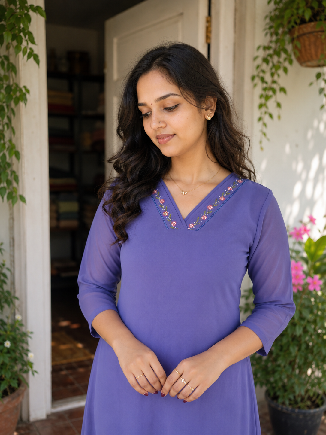 Dutch blue shaded georgette Aline kurti with hand worked neckline and lace detailings MBS-1369 **Ready to dispatch**