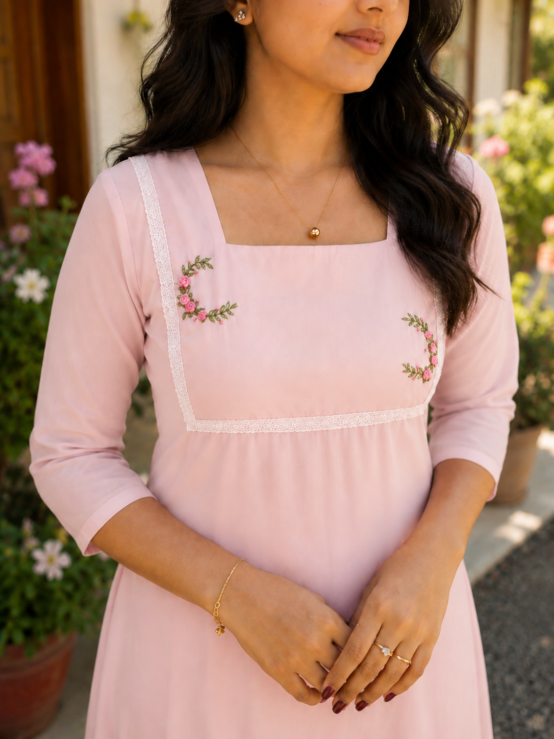 Fairy pink shaded georgette Aline kurti with floral embroidered and lace detailed yoke MBS-1377 **Ready to dispatch**