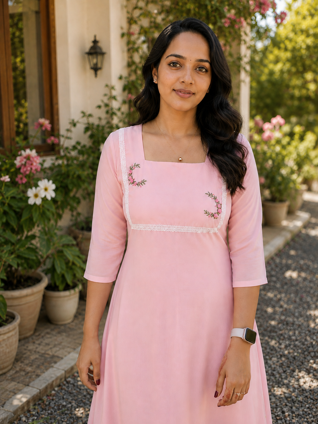 Fairy pink shaded georgette Aline kurti with floral embroidered and lace detailed yoke MBS-1377 **Ready to dispatch**