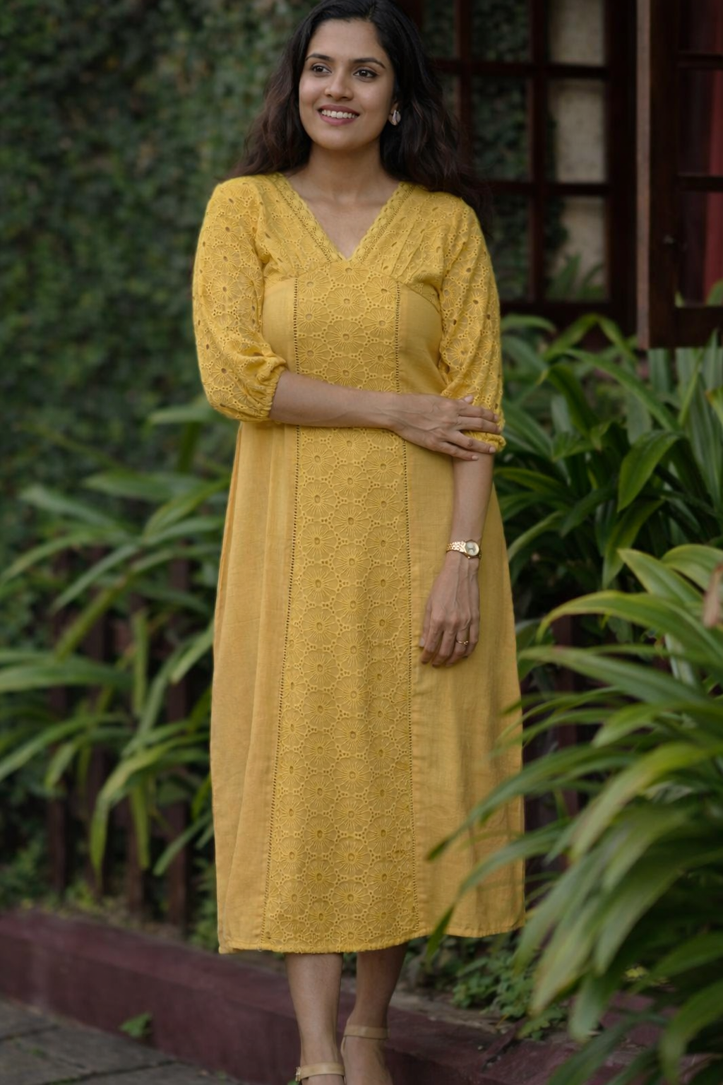 Yellow shaded flex cotton kurti/dress detailed with hacoba and lace MBS-770