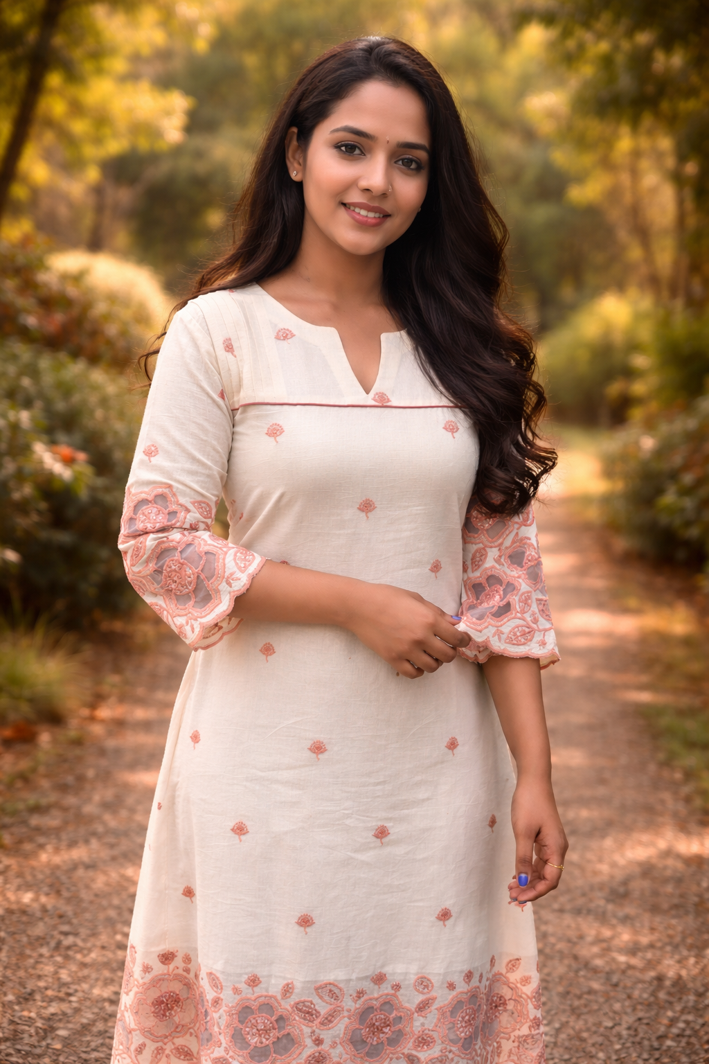 Kora cotton kurti with floral thread embroidery detailings and heavy worked hemline MBS-863
