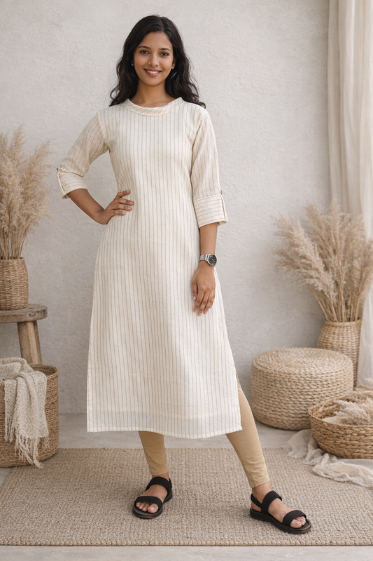 Cream shaded striped natural linen slitted kurti with folded collar MBS-781 ** Ready to dispatch **