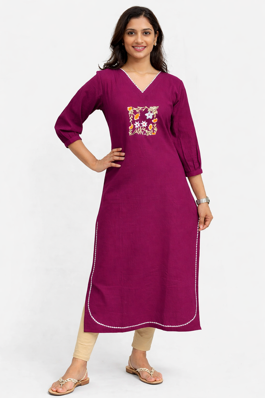 Dark grape flex cotton slitted kurti with embroidery detailings on yoke and hemline MBS-783