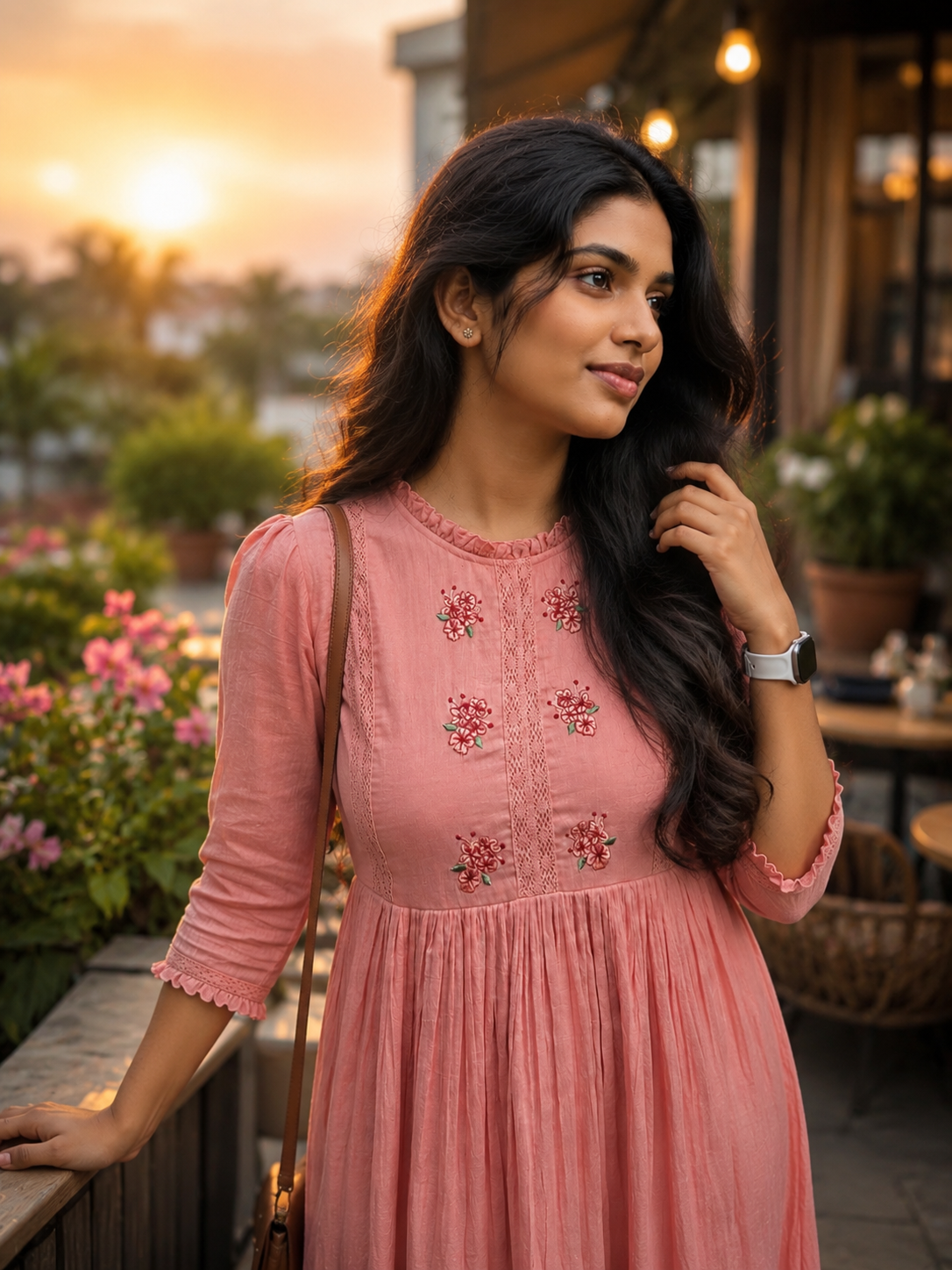 Peach mul cotton Aline Kurti/dress with frilled neck and floral embroidered yoke MBS-1280