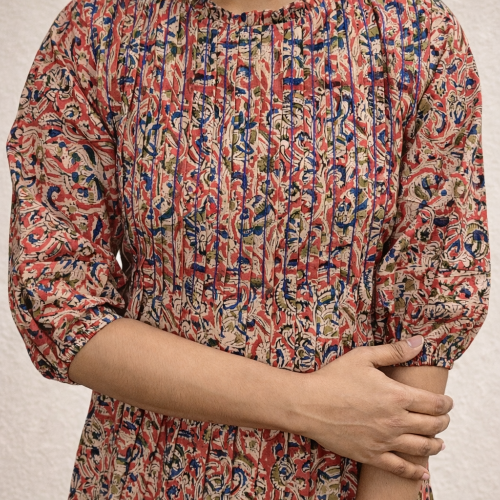 Pure kalamkari cotton A-line kurti with anchor thread detailed pleated yoke MBS-784 **Ready to dispatch**