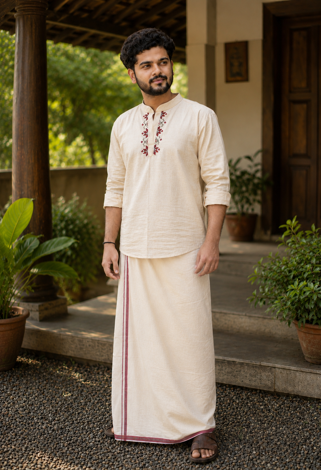 Off white flex short kurta for men with red floral thread embroidery detailings MBS-1270 "Onam 26"