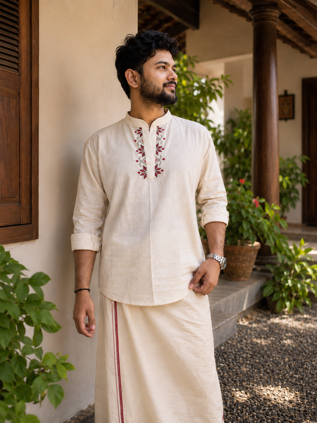 Off white flex short kurta for men with red floral thread embroidery detailings MBS-1270 "Onam 26"