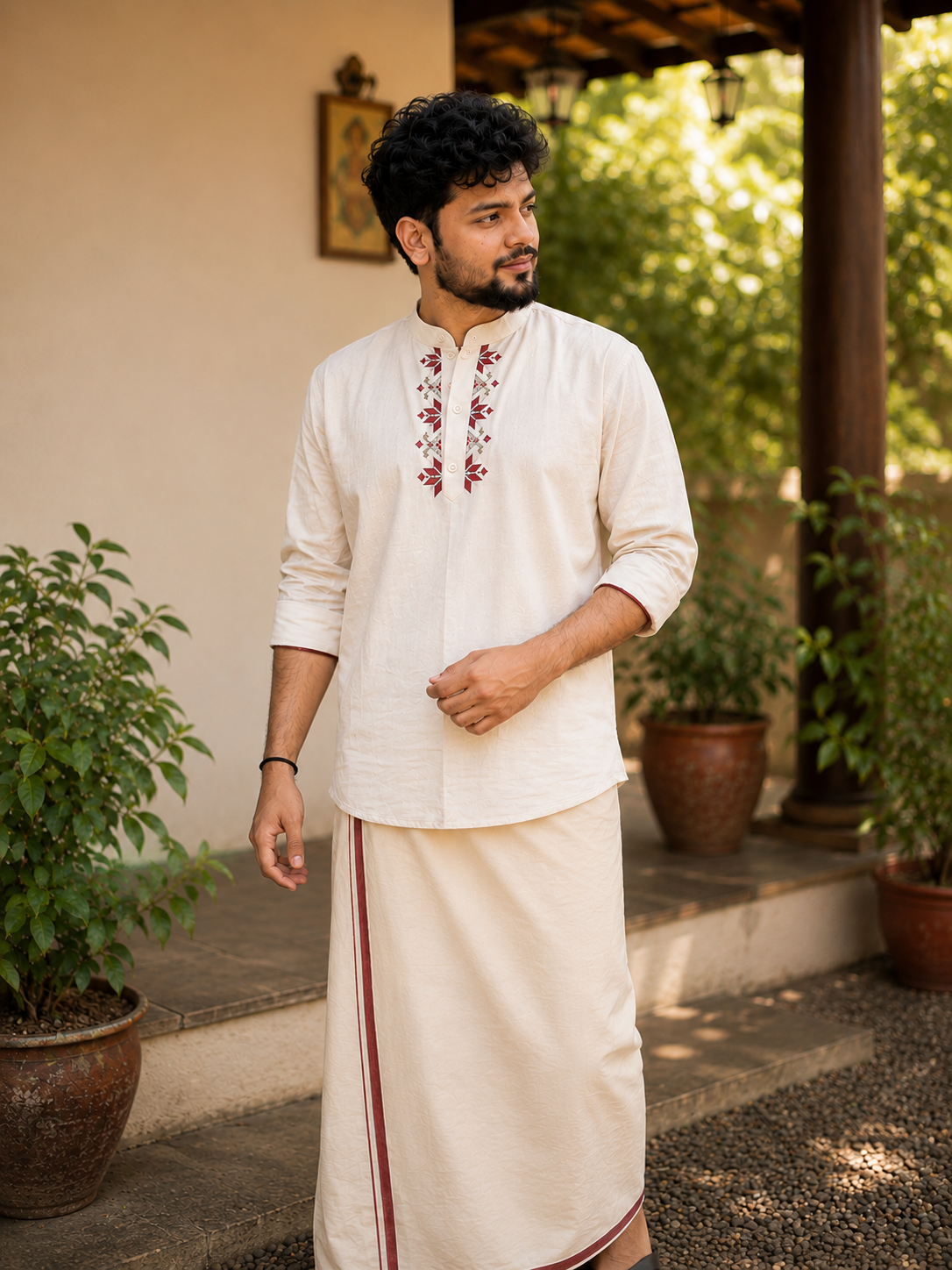 Off white flex short kurta for men with red floral thread embroidery detailings MBS-1270 "Onam 26"