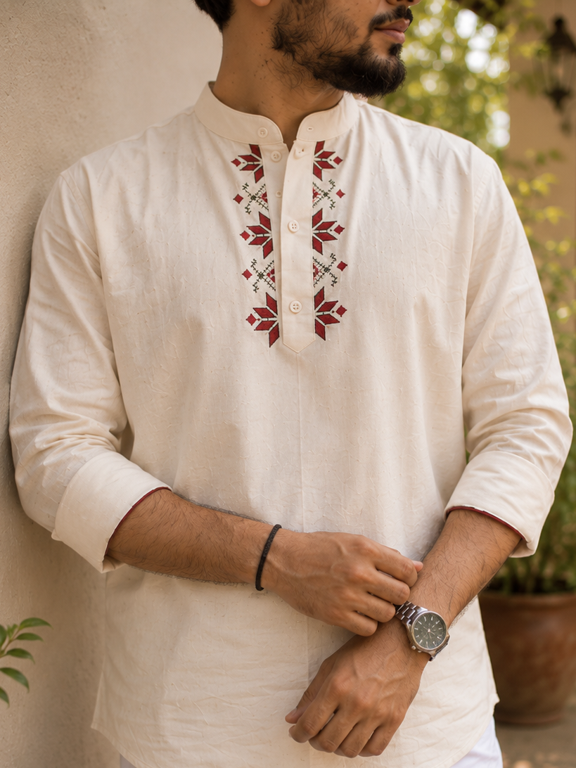Off white flex short kurta for men with red floral thread embroidery detailings MBS-1270 "Onam 26"