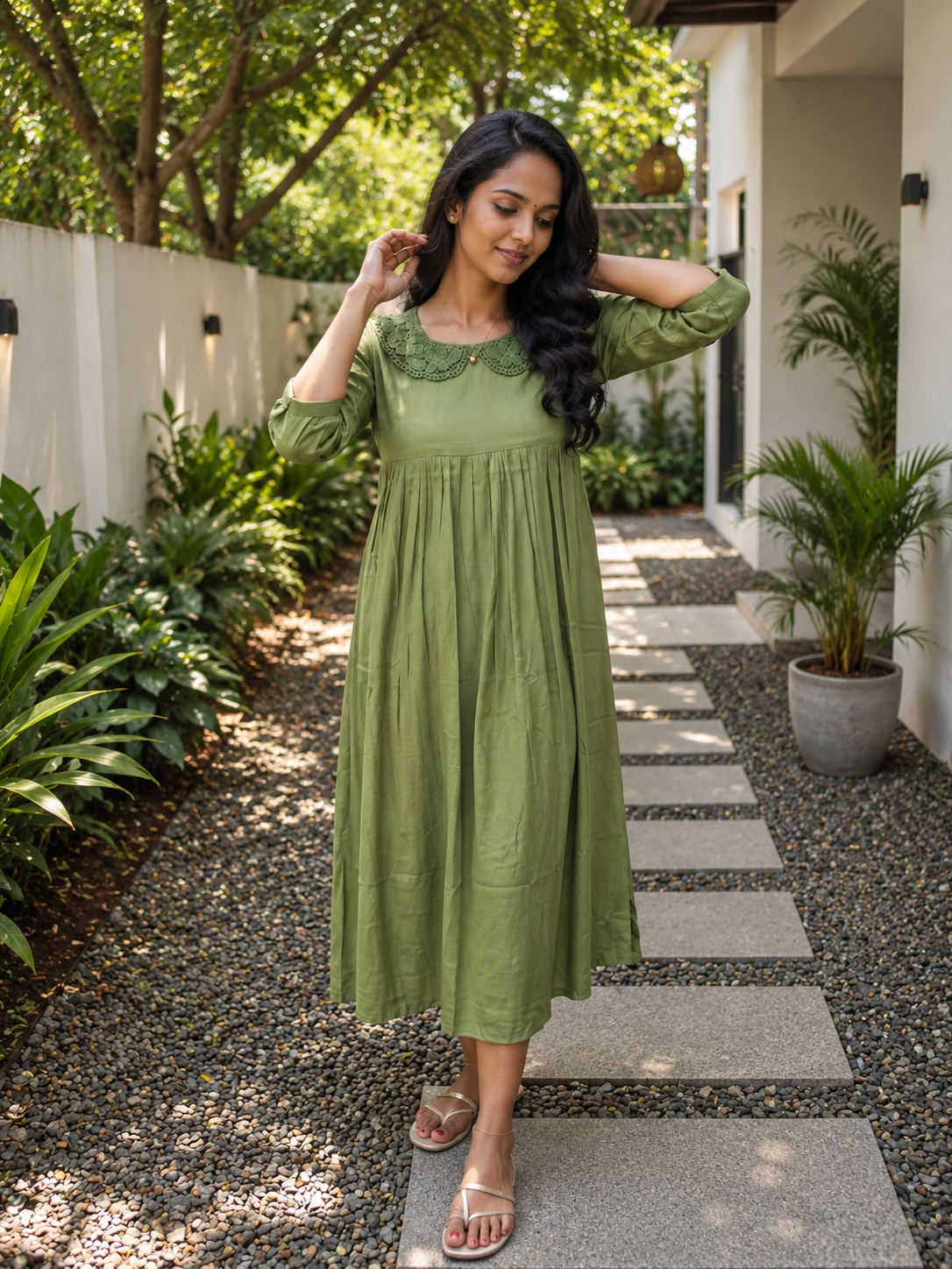 Green flex cotton kurti/dress with peter pan crochet collar MBS-1294 ***Ready to dispatch***