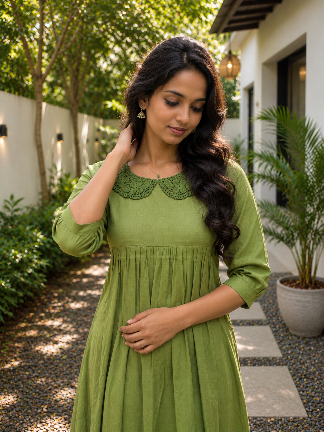 Green flex cotton kurti/dress with peter pan crochet collar MBS-1294 ***Ready to dispatch***