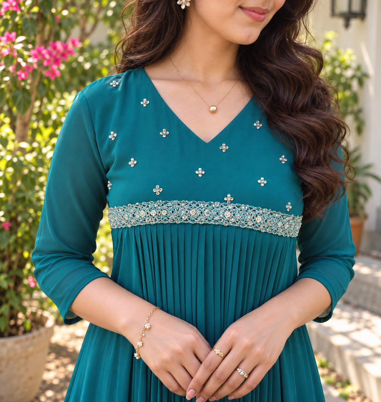 Ocean green shaded georgette Aline kurti with handworked yoke and lace detailings MBS-1407 **Ready to dispatch**