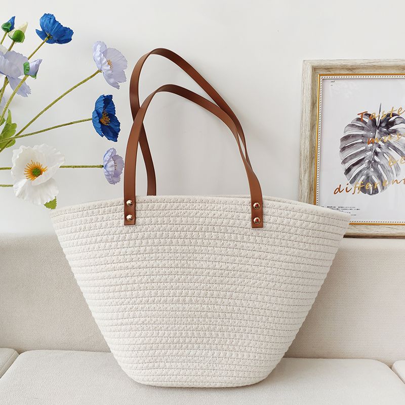 Beige Large Vacation Straw Bag with Plain Studded Detail for Style