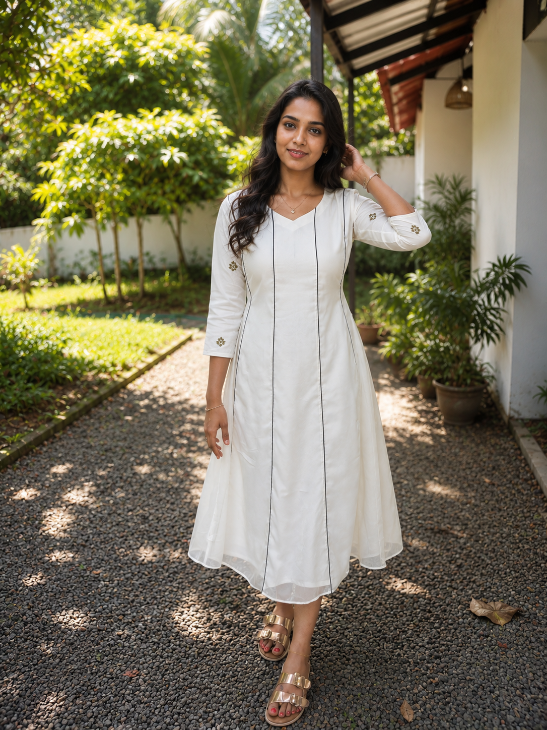 Kerala cream shaded soft Organza Aline panel cut kurti with handwork detailed sleeves MBS-1322 **Ready to dispatch** **Onam 26**