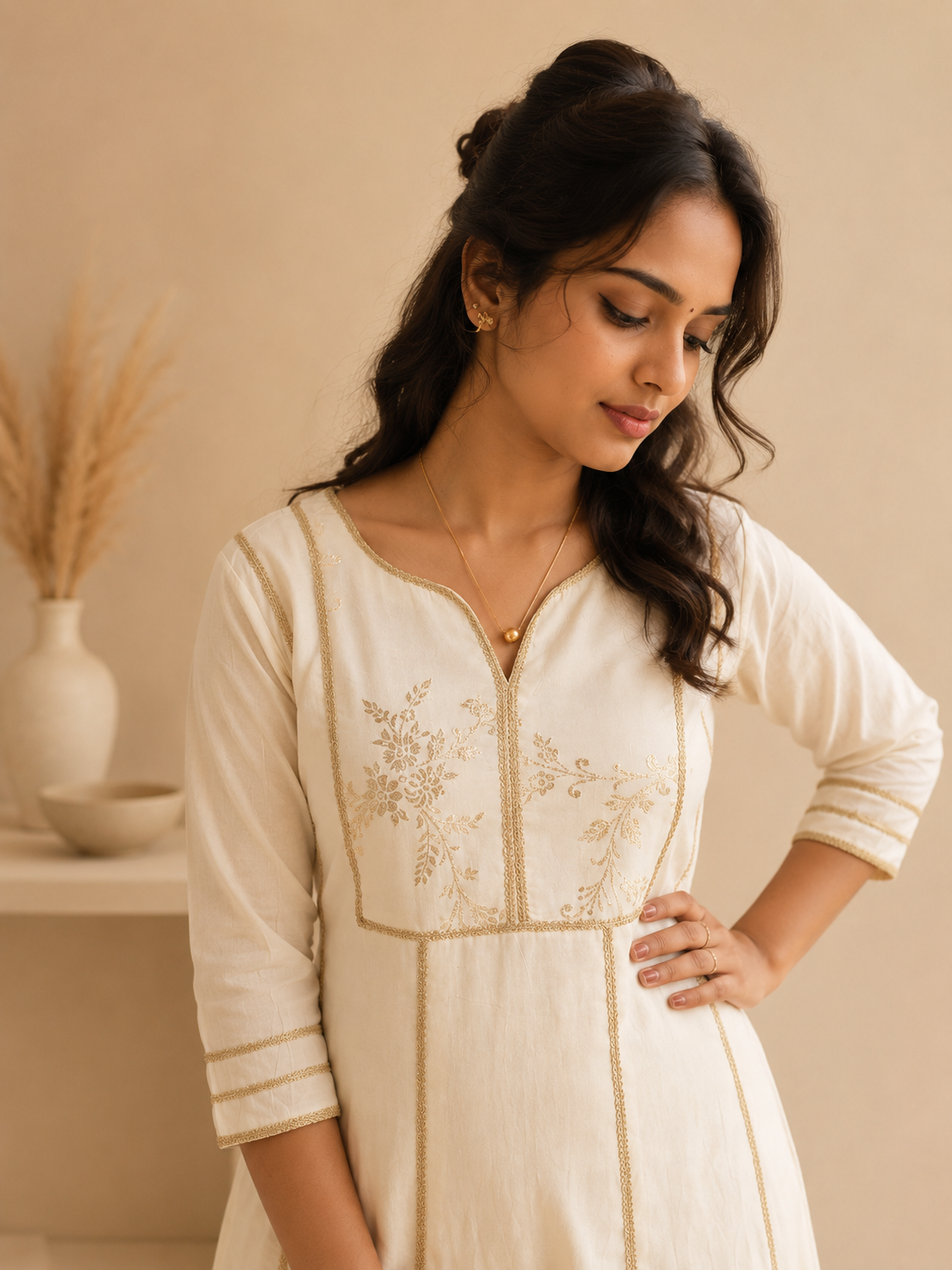 Kora cotton Aline Kurti with chanderi yoke and lace detailings MBS-1258 **Ready to dispatch** **Onam 26**