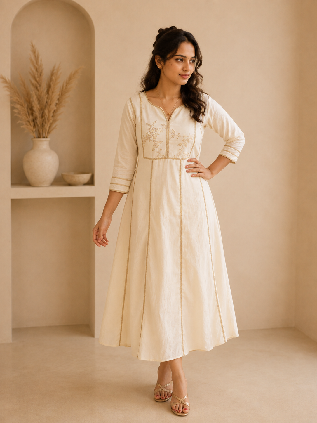 Kora cotton Aline Kurti with chanderi yoke and lace detailings MBS-1258 **Ready to dispatch** **Onam 26**