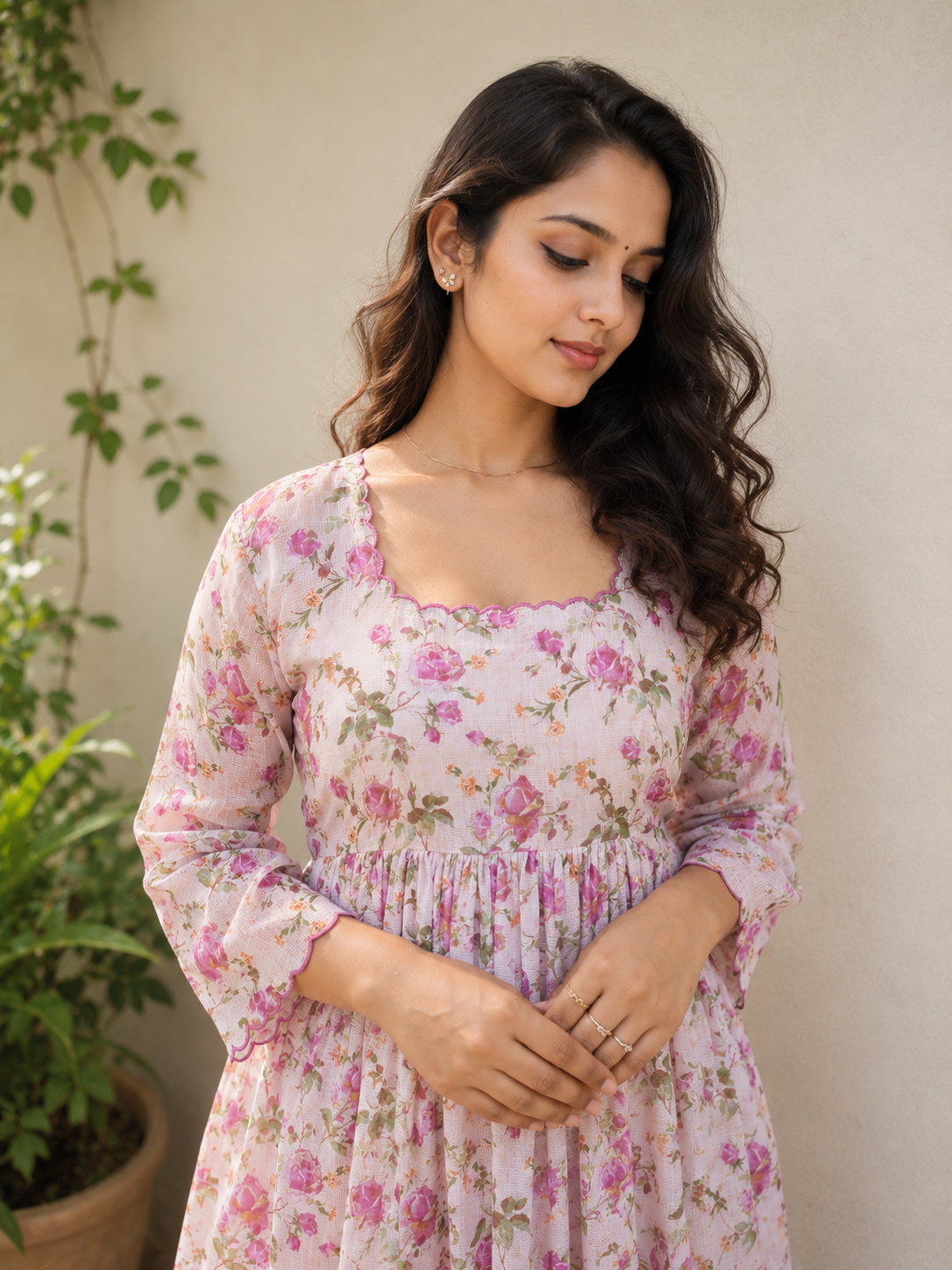 Lavender floral printed soft cotton kota Aline kurti with scallopped neck and sleeves MBS-1328 **Ready to dispatch**