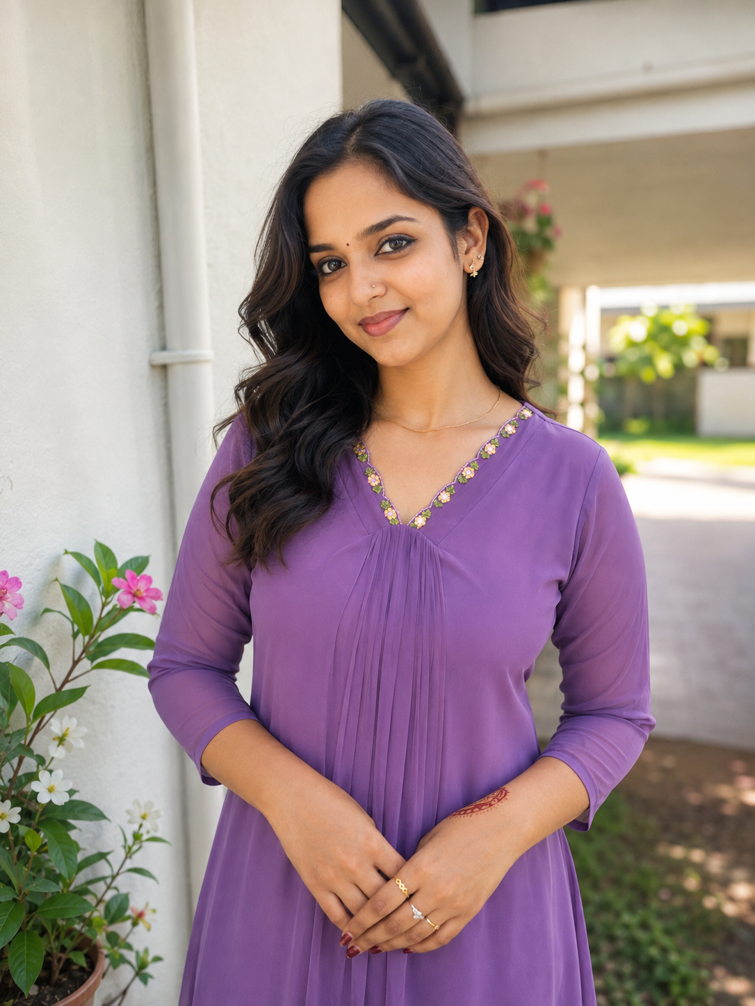 Lavender shaded georgette Aline kurti with scalloped and handworked neckline MBS-1400 **Ready to dispatch**