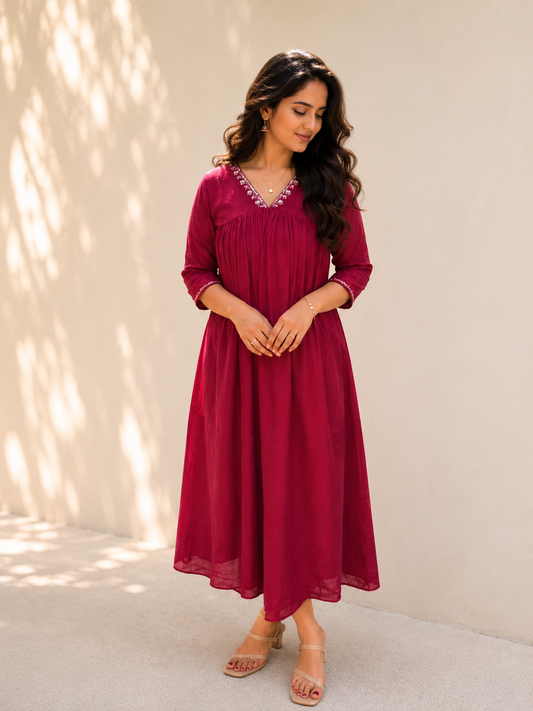 Meroon shaded crepe silk Aline kurti with handworked neckline and sleeves MBS-1323 **Ready to dispatch**