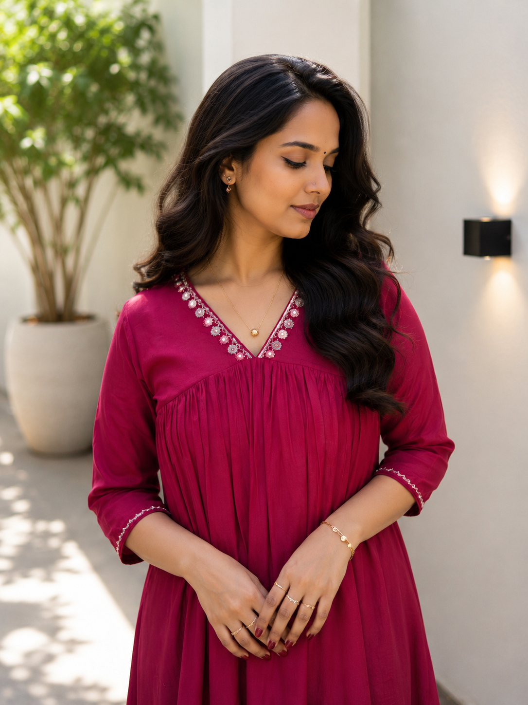 Meroon shaded crepe silk Aline kurti with handworked neckline and sleeves MBS-1323 **Ready to dispatch**