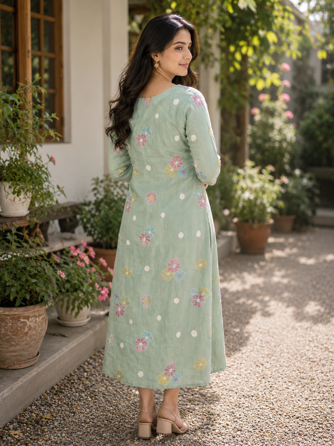 Misty Jade shaded dhara silk Aline kurti with pintucked yoke MBS-1378 **Ready to dispatch**