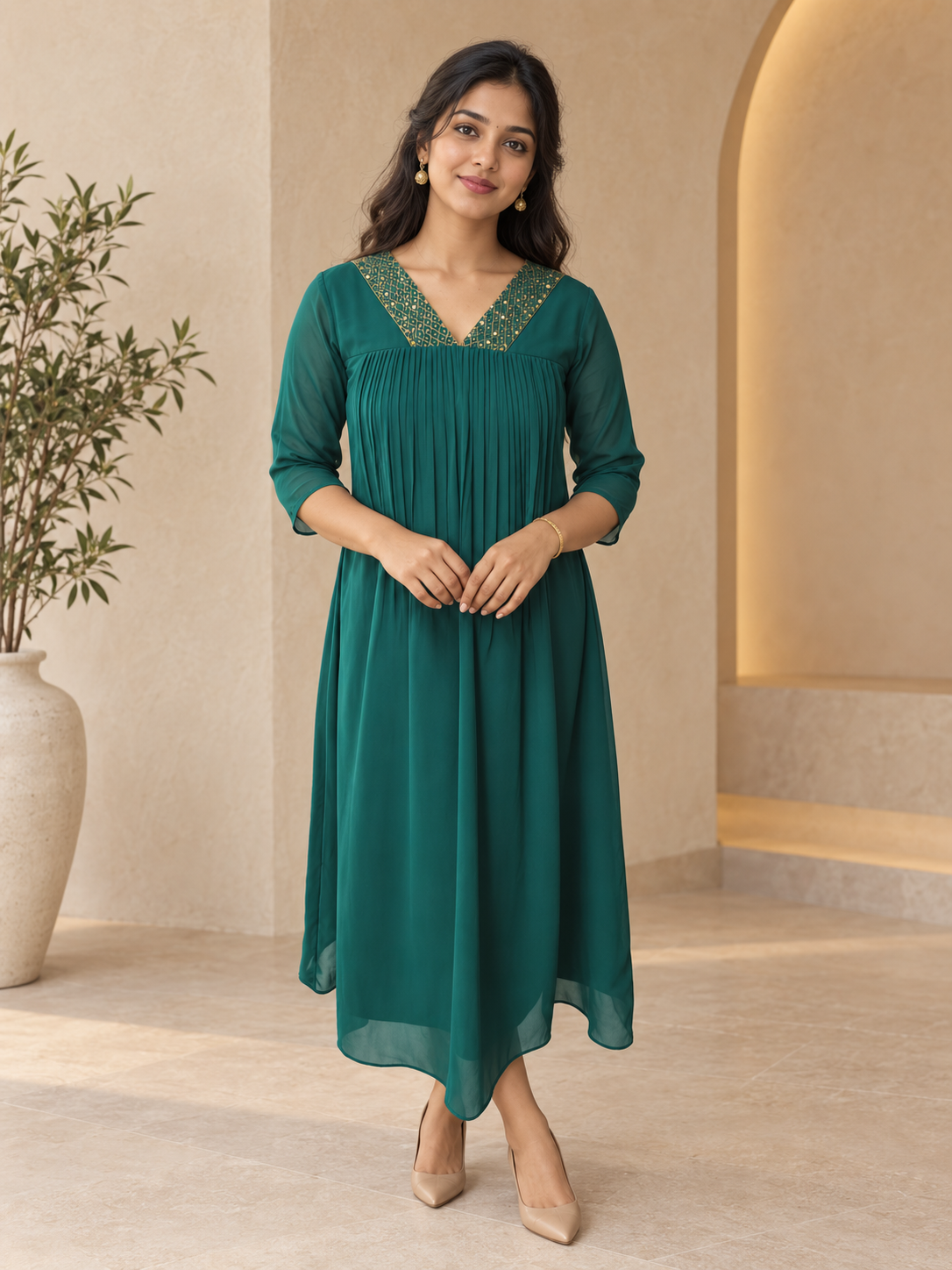 Green georgette Aline kurti with zardosi embroidered neckline MBS-1356 **Ready to dispatch**
