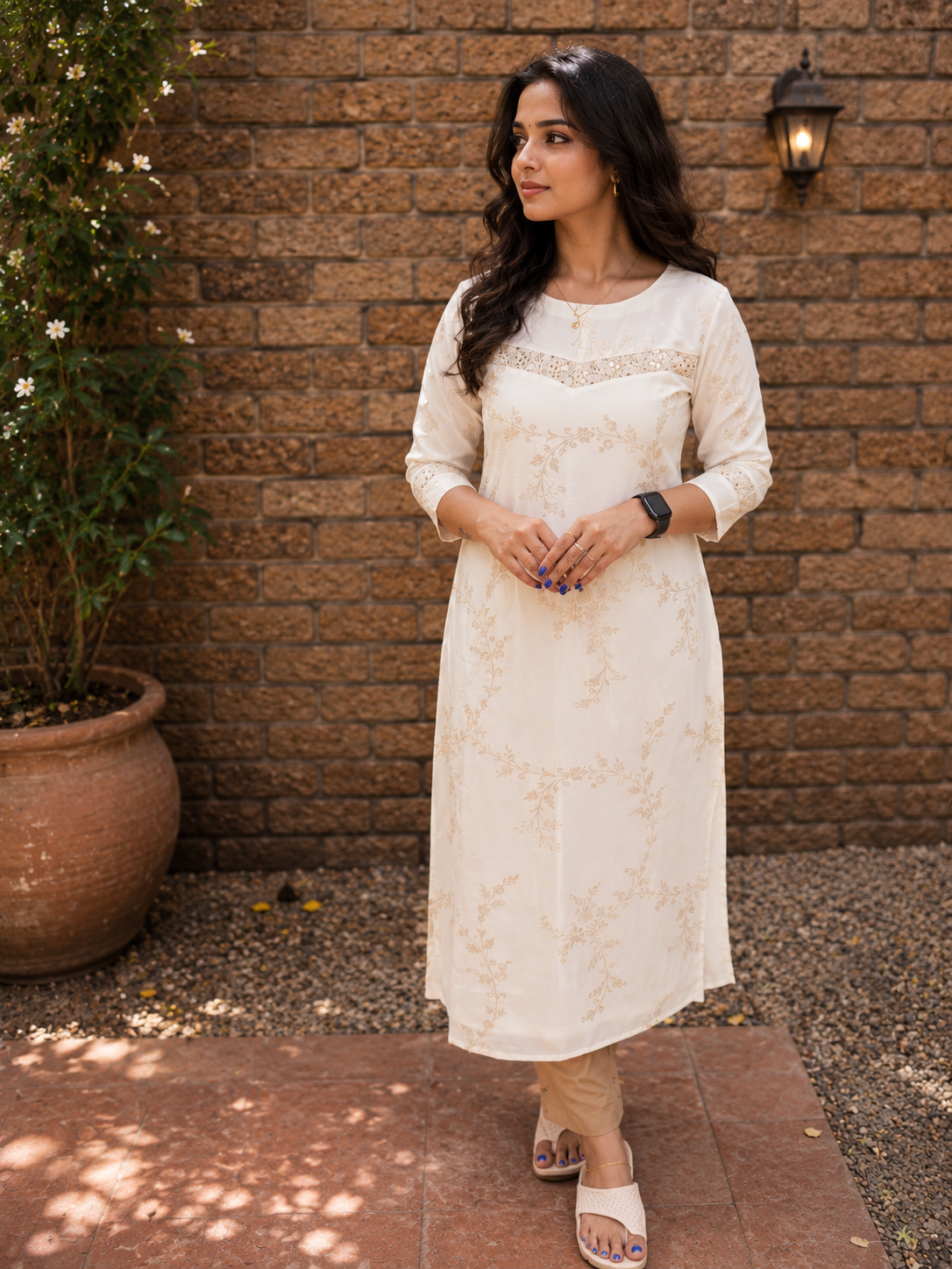 Off-white soft tissue silk kurti with all over golden zari floral works and lace detailings MBS-1352 **Ready to dispatch**