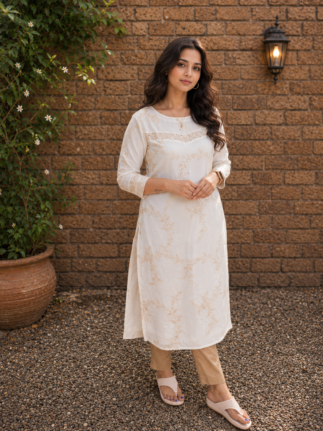 Off-white soft tissue silk kurti with all over golden zari floral works and lace detailings MBS-1352 **Ready to dispatch**