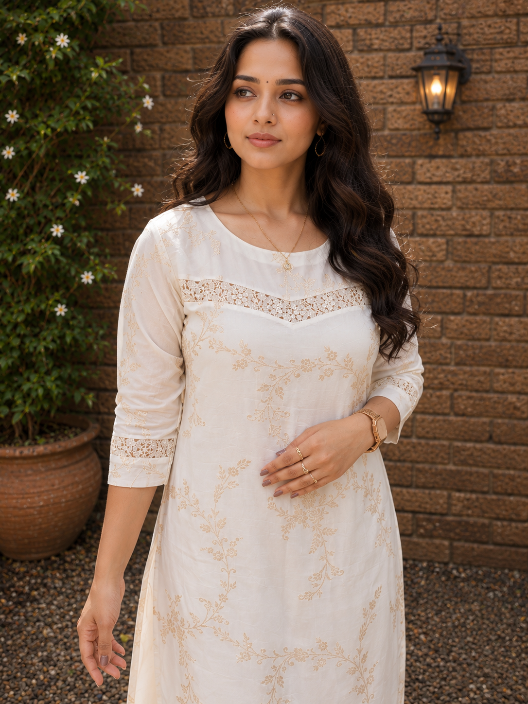 Off-white soft tissue silk kurti with all over golden zari floral works and lace detailings MBS-1352 **Ready to dispatch**