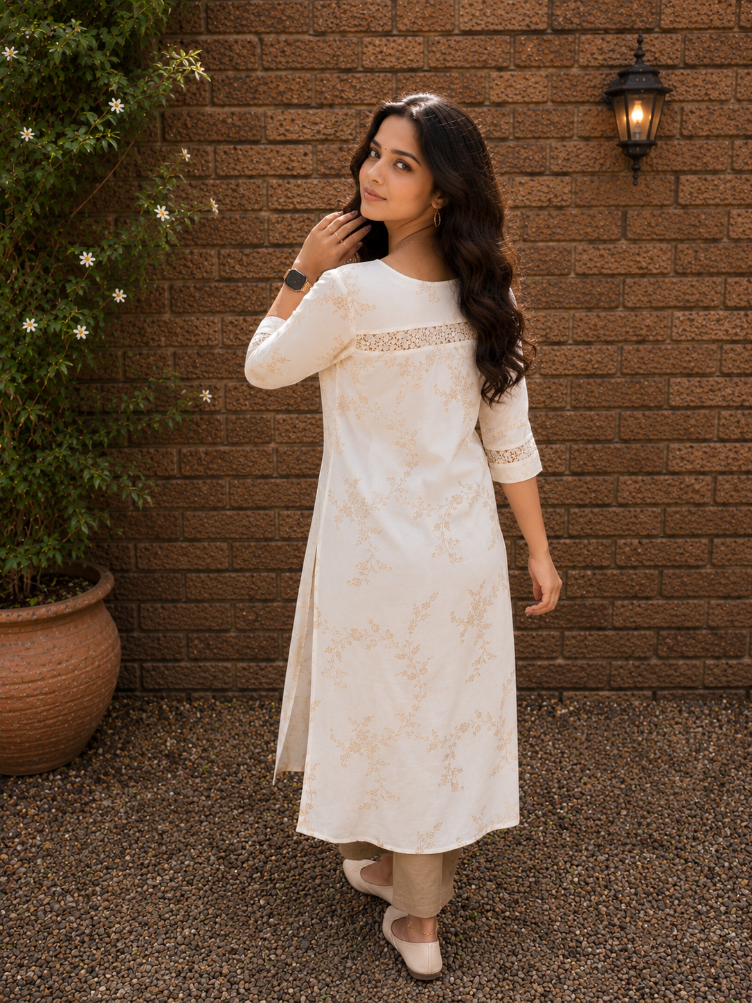 Off-white soft tissue silk kurti with all over golden zari floral works and lace detailings MBS-1352 **Ready to dispatch**