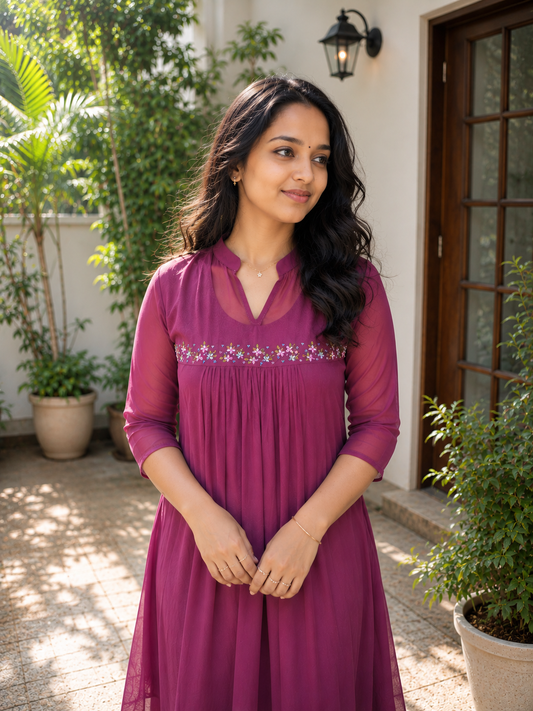 Plum purple shaded georgette Aline kurti with handworked yoke MBS-1360 **Ready to dispatch**