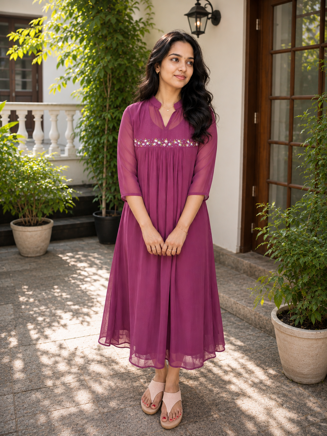 Plum purple shaded georgette Aline kurti with handworked yoke MBS-1360 **Ready to dispatch**