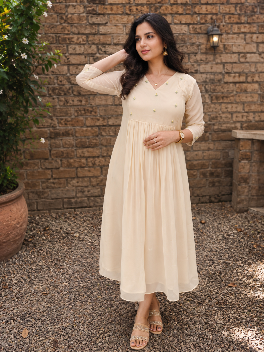Pastel yellow georgette Aline kurti with floral thread embroidery yoke MBS-1349 **Ready to dispatch**