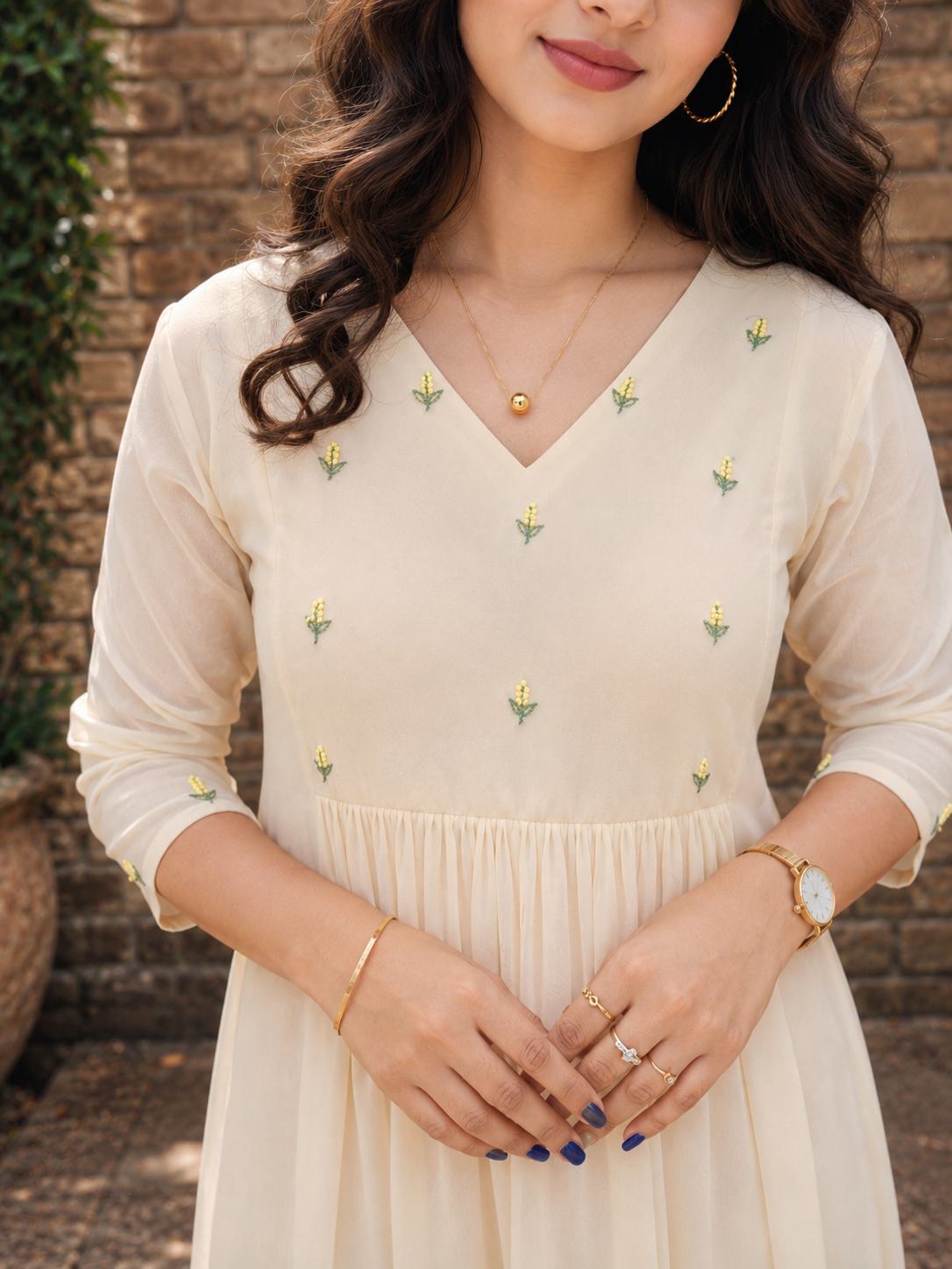 Pastel yellow georgette Aline kurti with floral thread embroidery yoke MBS-1349 **Ready to dispatch**