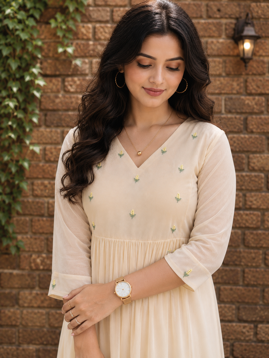 Pastel yellow georgette Aline kurti with floral thread embroidery yoke MBS-1349 **Ready to dispatch**