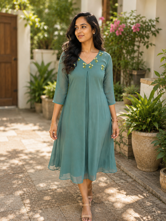 Pastel green georgette Aline kurtii with handworked yoke MBS-1362