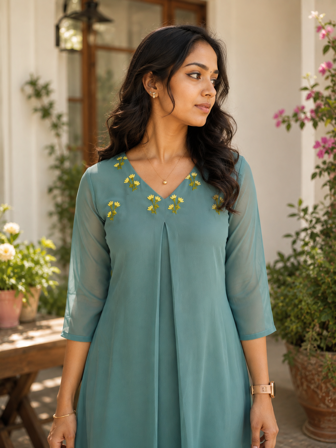 Pastel green georgette Aline kurtii with handworked yoke MBS-1362 **Ready to dispatch**