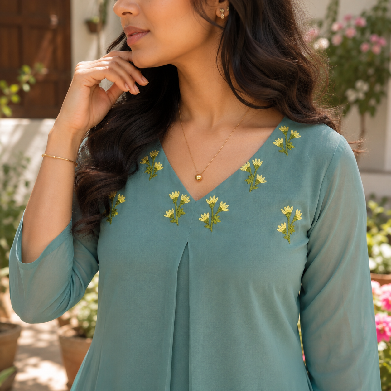 Pastel green georgette Aline kurtii with handworked yoke MBS-1362 **Ready to dispatch**