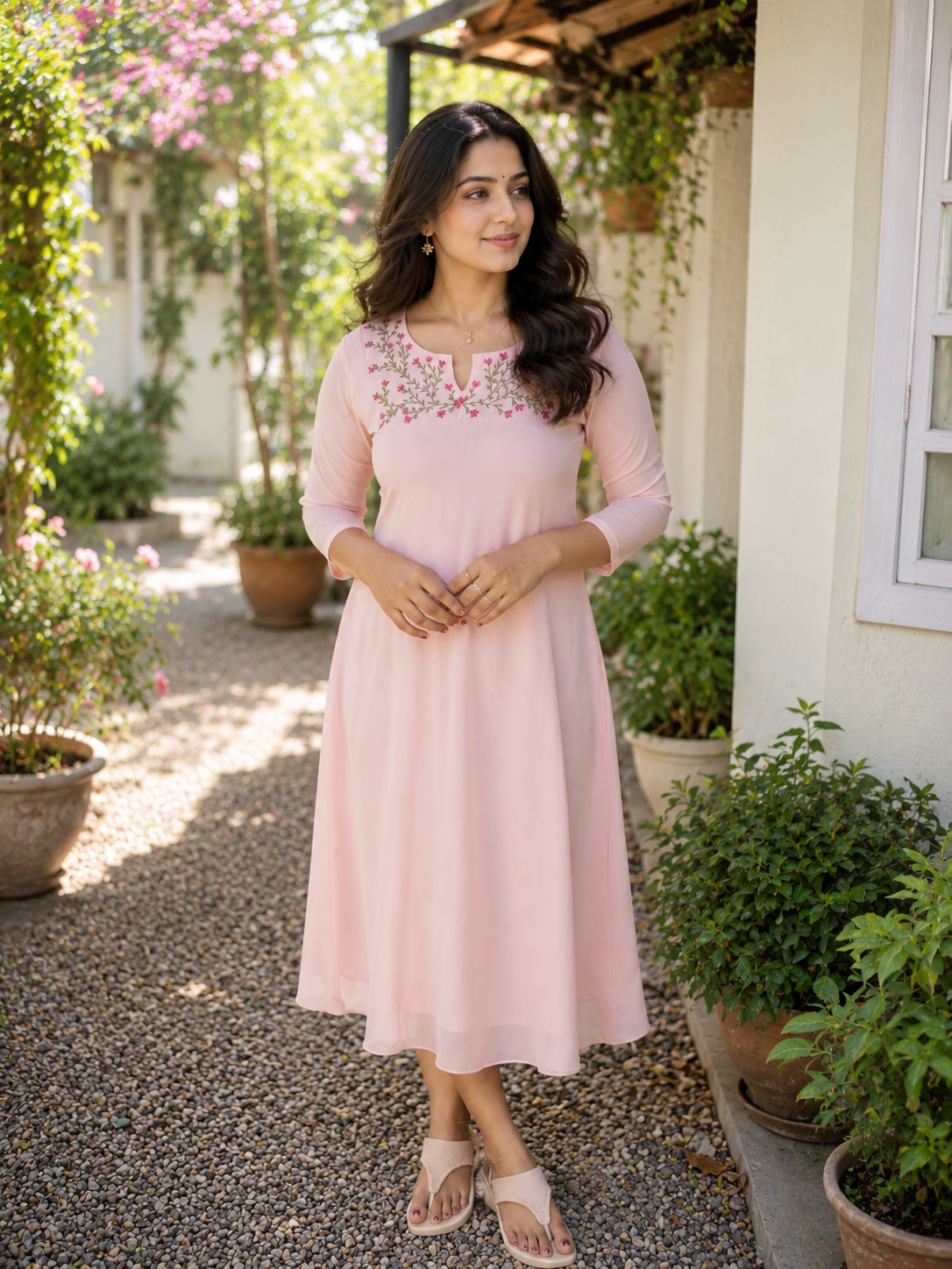 Peachy pink georgette Aline kurti with thread embroidered yoke MBS-1370 **Ready to dispatch**