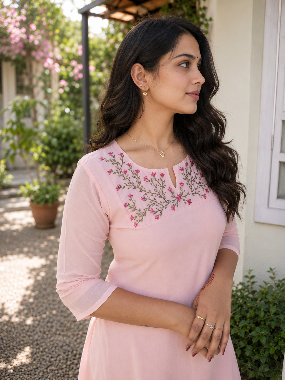 Peachy pink georgette Aline kurti with thread embroidered yoke MBS-1370 **Ready to dispatch**