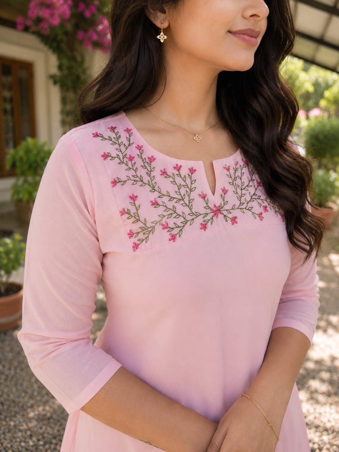 Peachy pink georgette Aline kurti with thread embroidered yoke MBS-1370 **Ready to dispatch**