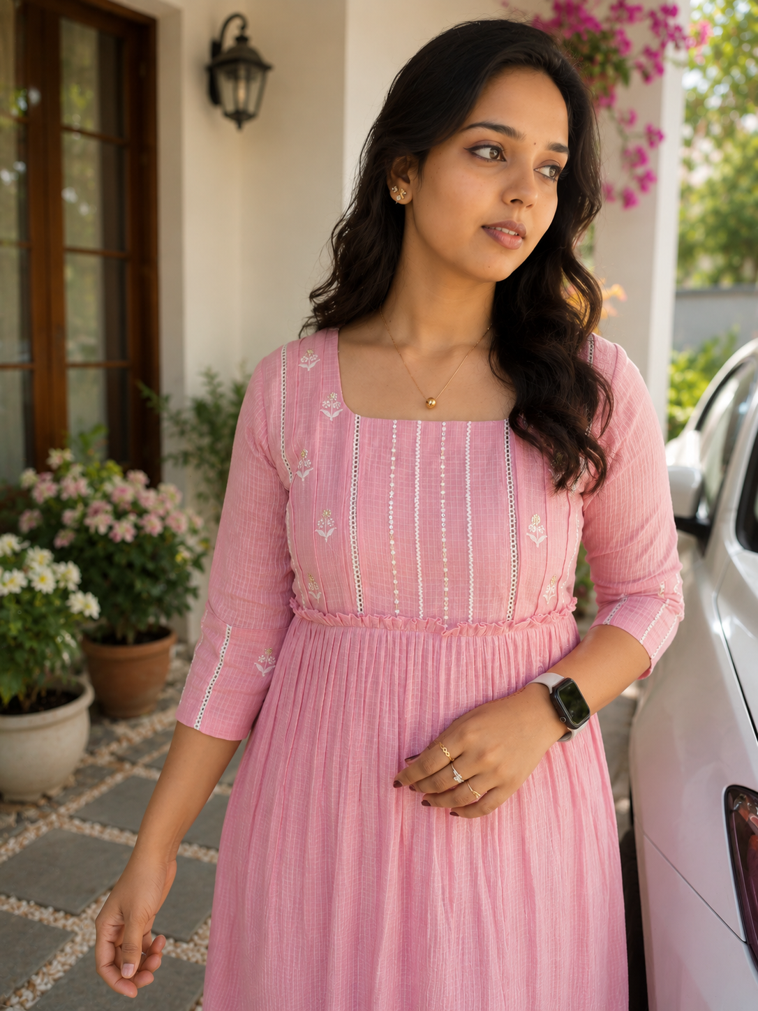 Pink soft cotton Kota checks Aline kurti with designer yoke MBS-1239 **Ready to dispatch**