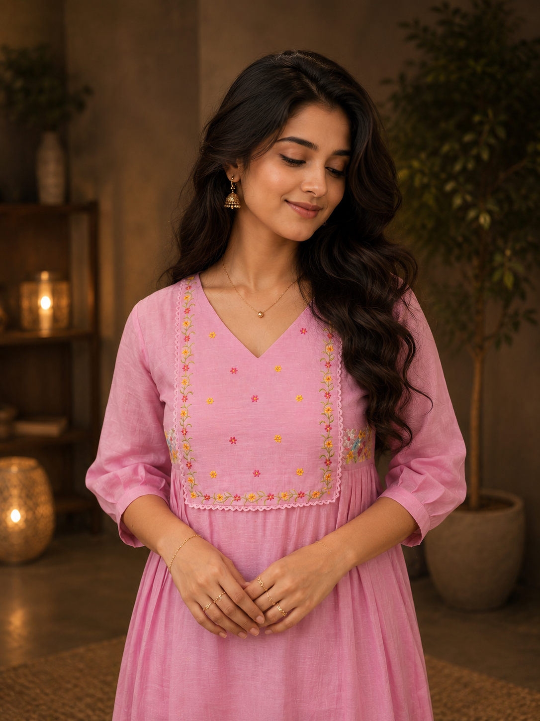 Lavender pink shaded natural linen Aline Kurti/dress with floral thread embroidered yoke and scalloped lace detailings MBS-1292
