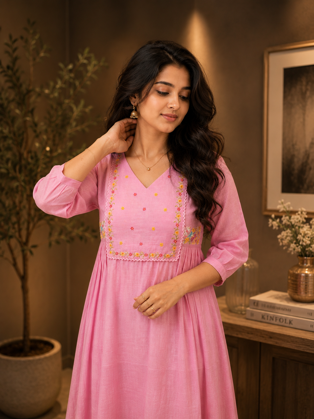 Lavender pink shaded natural linen Aline Kurti/dress with floral thread embroidered yoke and scalloped lace detailings MBS-1292