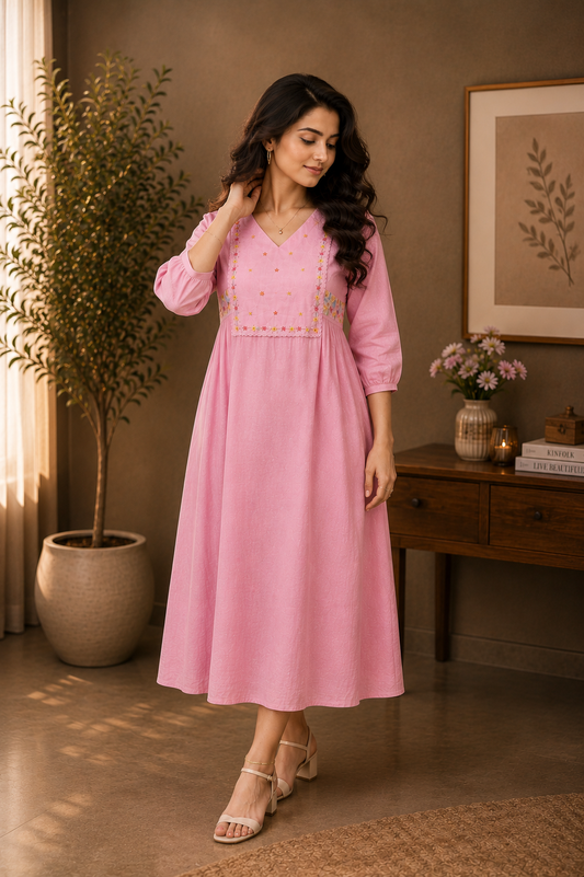 Lavender pink shaded natural linen Aline Kurti/dress with floral thread embroidered yoke and scalloped lace detailings MBS-1292